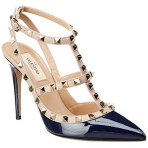 Valentino Cage Rockstud 100 Patent AnkleStrap Pump